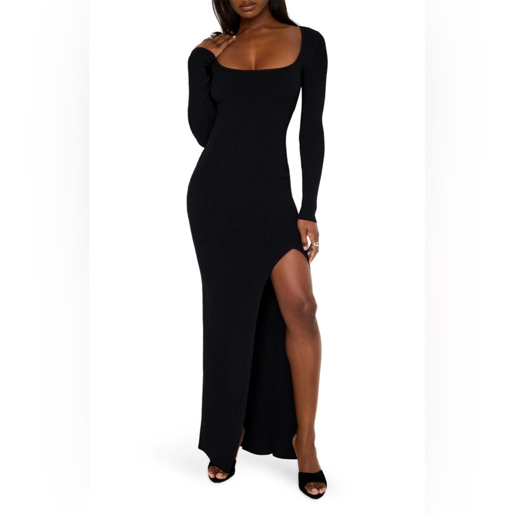 Good American Black Virgo Long Sleeve Rib Maxi Scoop Sweater Dress